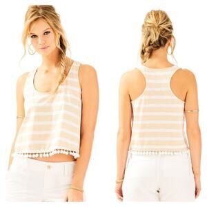 Lilly Pulitzer Heathered Sand Dune Shirley Crop Top Tank Pom Poms - Size XS -GUC